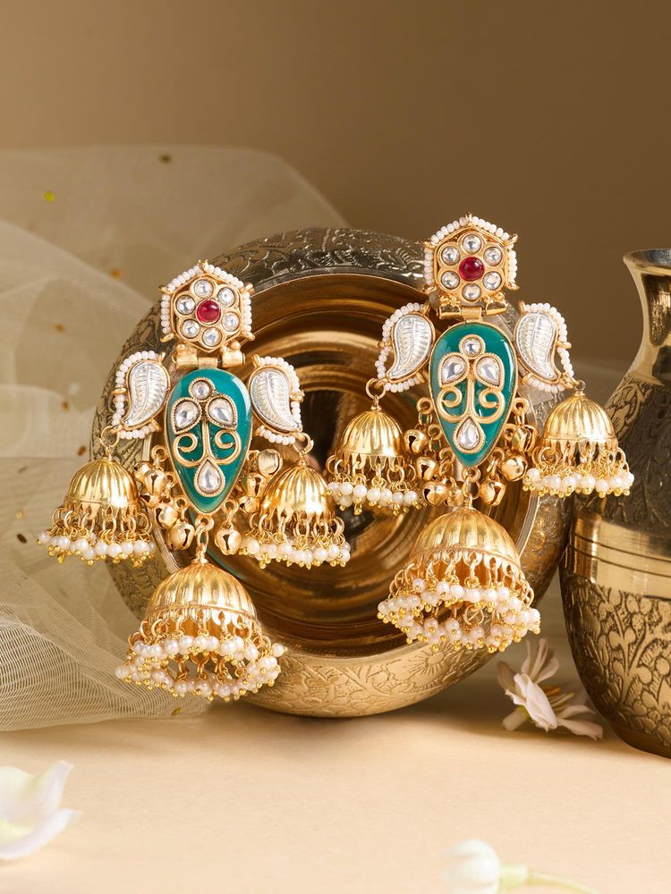 Zaveri Pearls Green Pink Stones Ghungroo Pearls Statement Jhumka Earring-Zpfk22108-image-35
