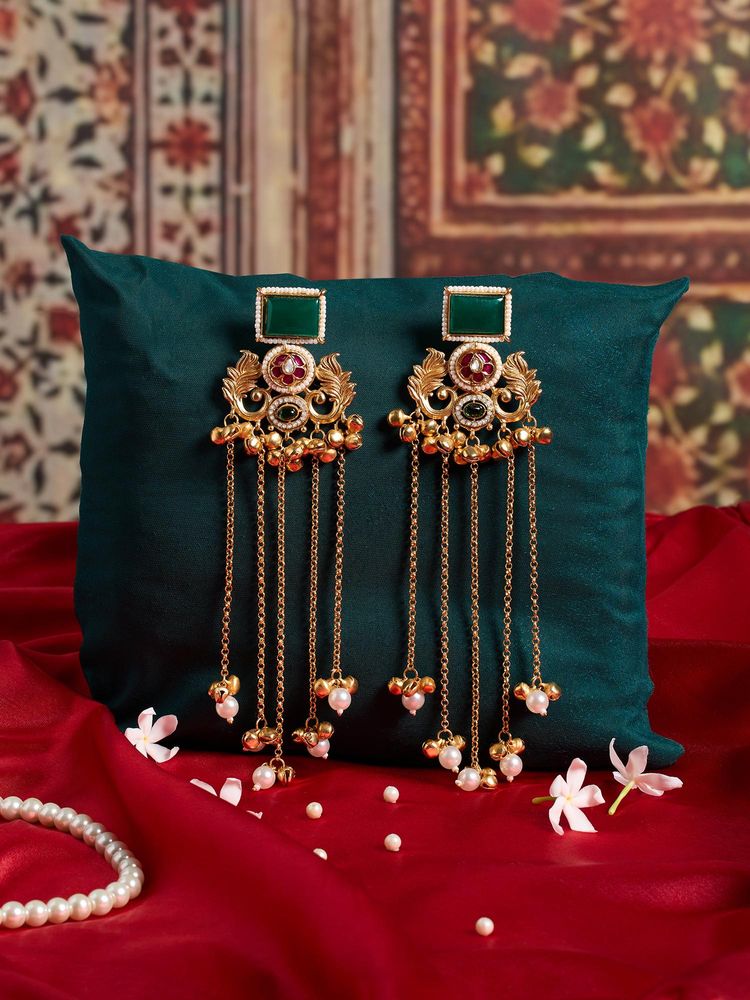 Zaveri Pearls Green Pink Stones Kashmiri Ghungroo Statement Dangler Earring-Zpfk22112-image-32