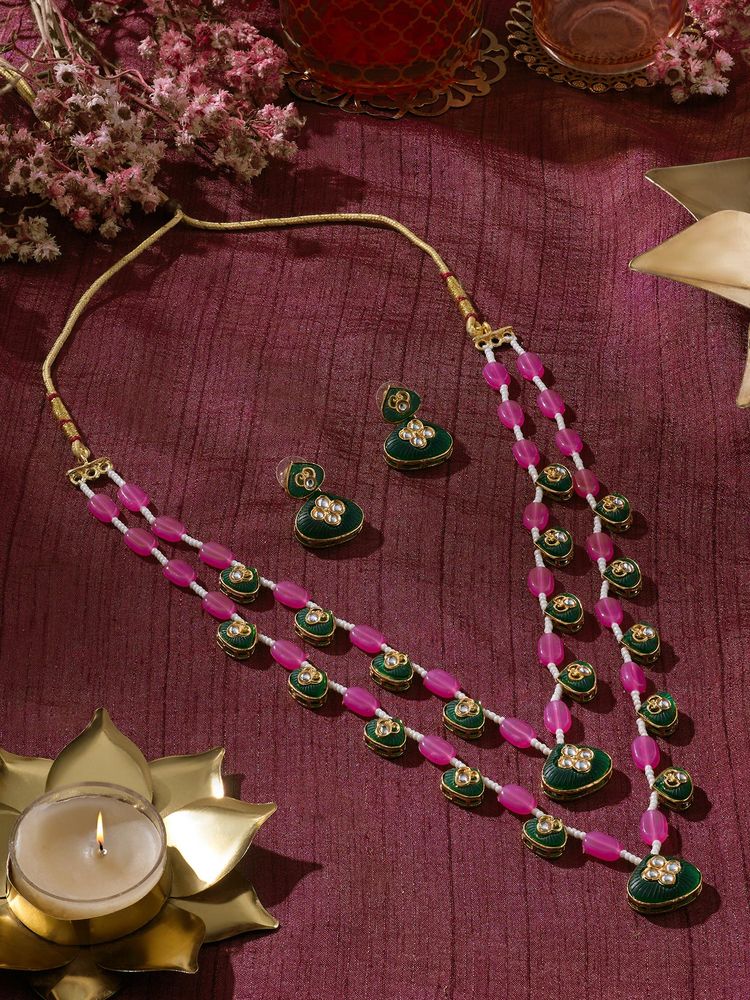 Zaveri Pearls Green Stones Pink Beads Layered Necklace And Earring Set-Zpfk22161-image-45