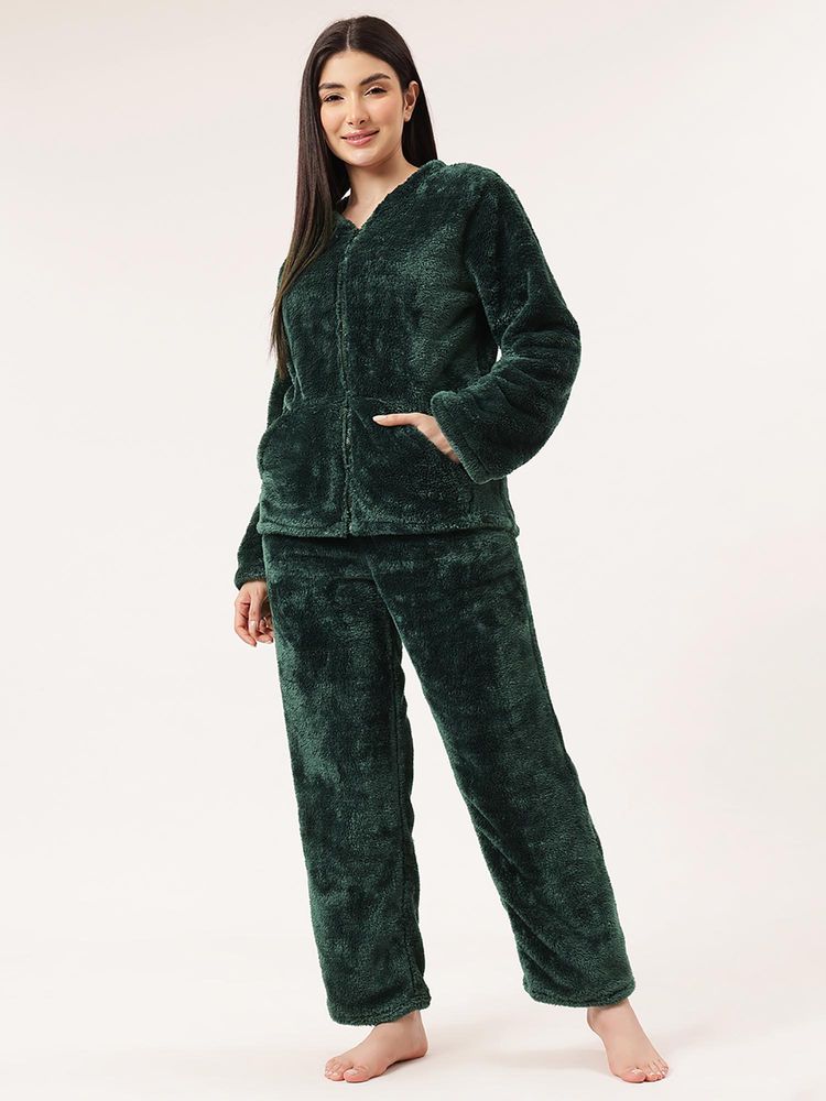 Clovia Women Fleece Warm And Fluffy Jacket And Pyjama Green-picture-21