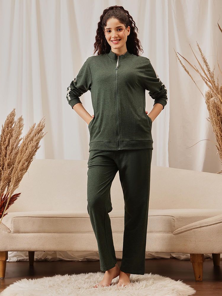 Clovia Women Terry Cotton Zippered Jacket And Pyjama Green-image-37