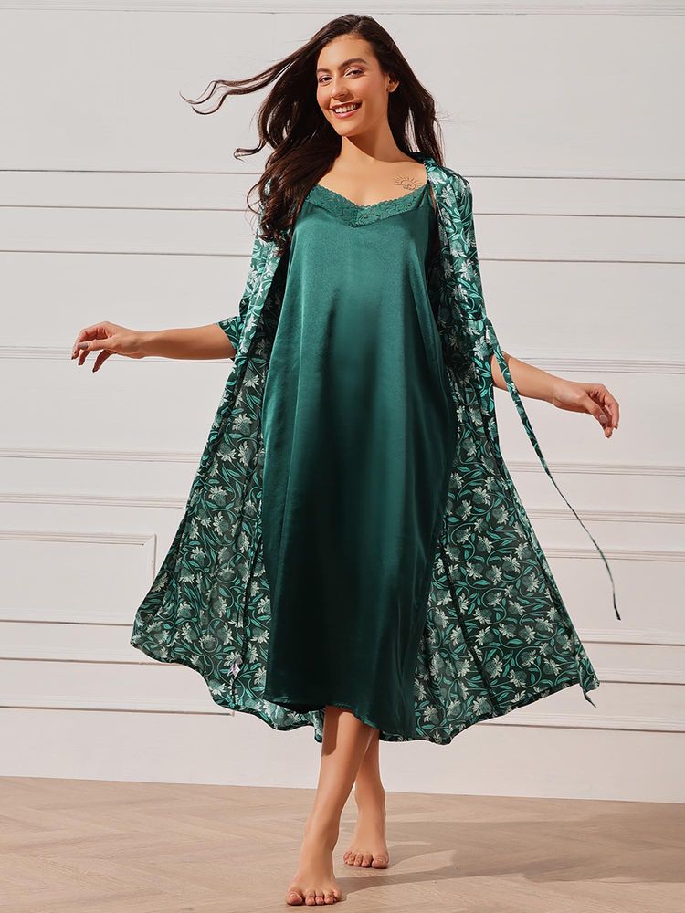 Clovia Women Satin Solid Long Nighty And Printed Robe-picture-34