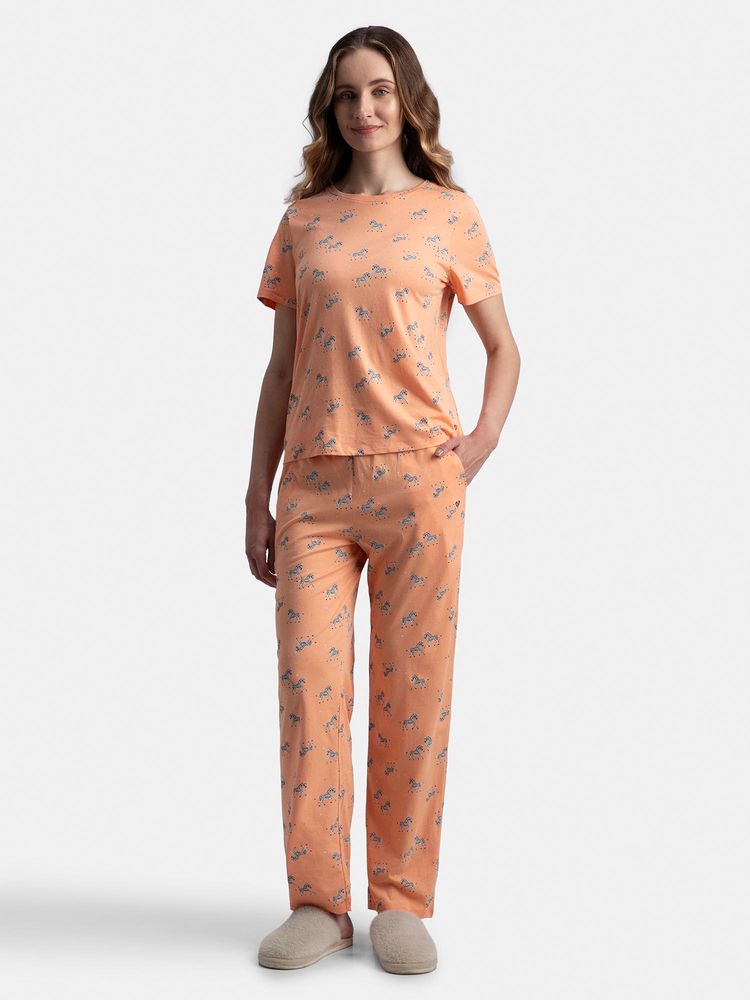 Jockey Rx99 Women Cotton Short Sleeve Printed T-Shirt And Pyjama - Coral-picture-10