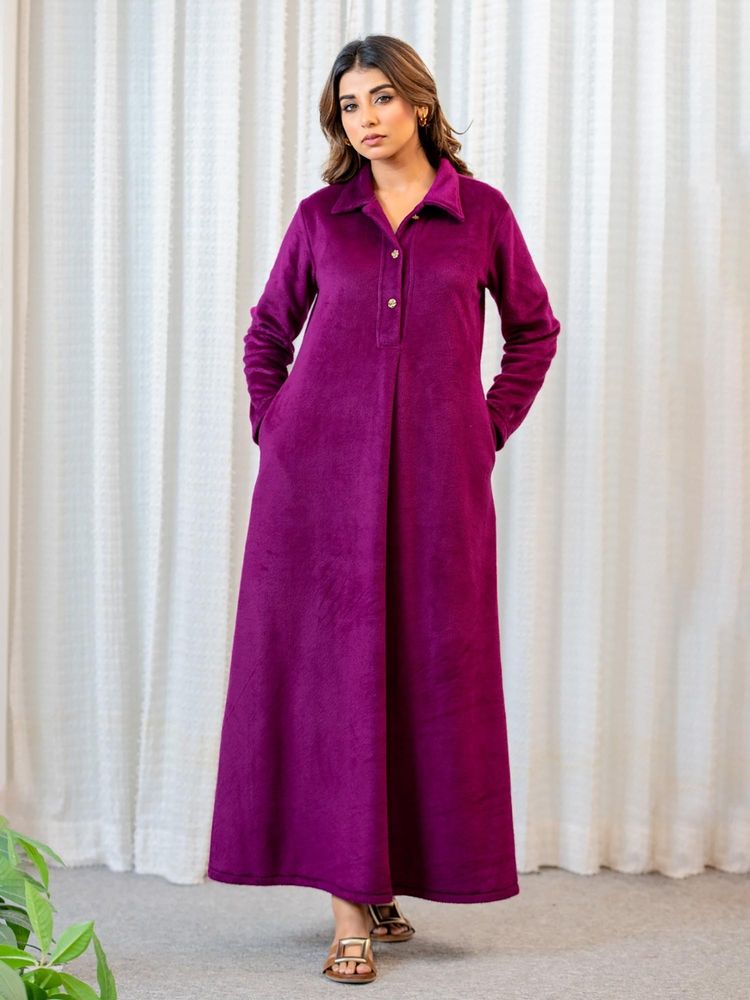 FEATHERS CLOSET Super Soft Wine Collared Woollen Nightdress-image-41