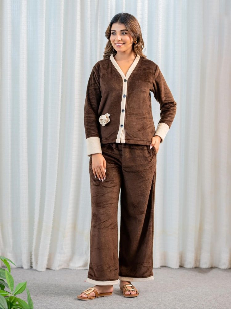 FEATHERS CLOSET Brown Super Soft Woollen Broach Cardigan With Pyjama-image-47