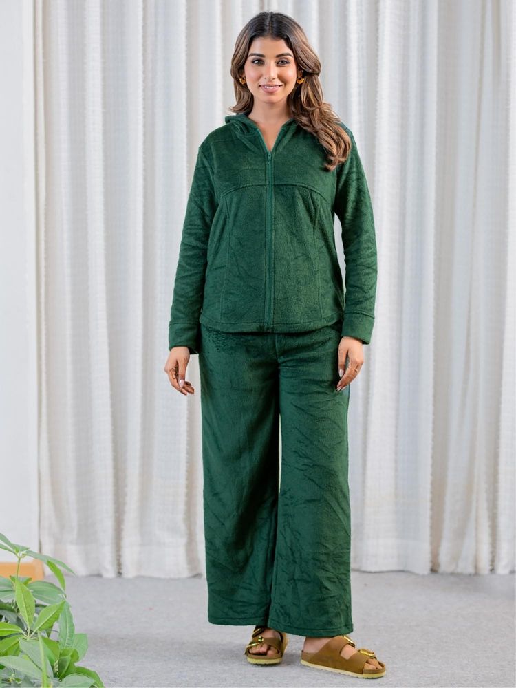 FEATHERS CLOSET Emerald Green Super Soft Woollen Zip-Up Hoodie Sweatshirt With Pyjama-image-5