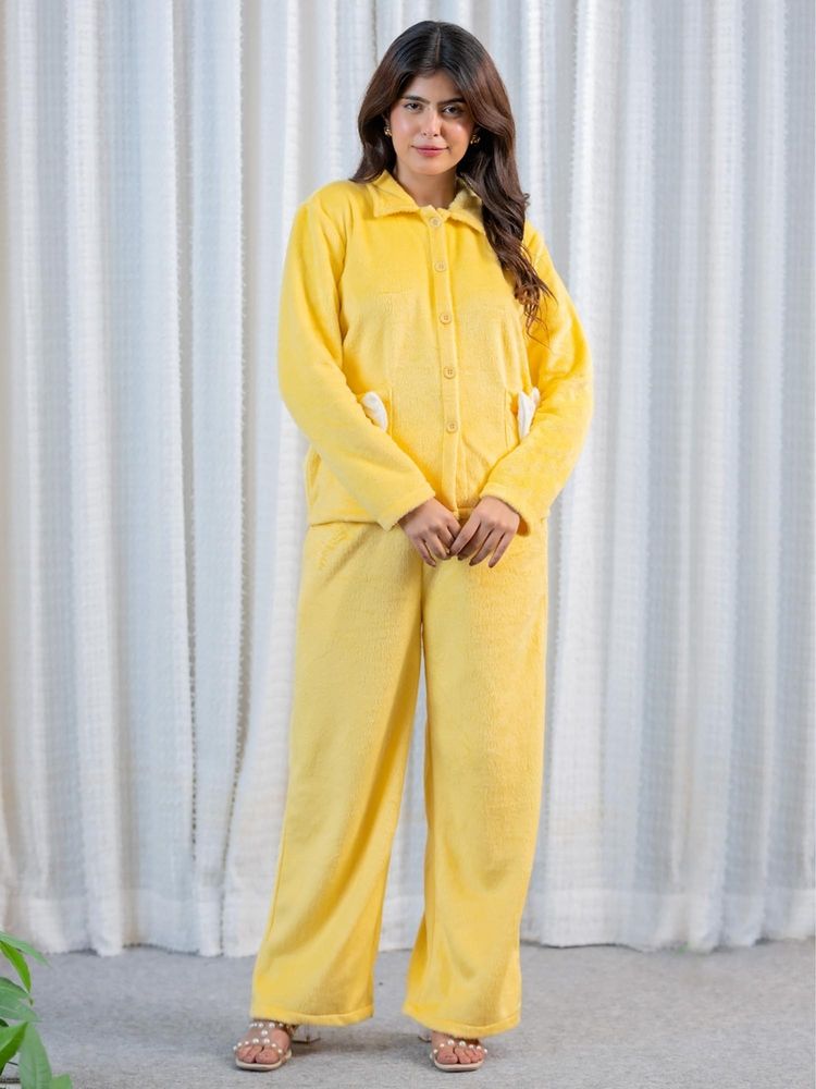 FEATHERS CLOSET Pastel Yellow Super Soft Woollen Bow Shirt With Pyjama-image-49