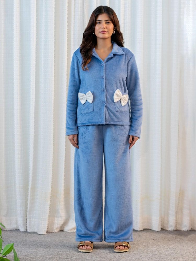 FEATHERS CLOSET Light Blue Super Soft Woollen Bow Shirt With Pyjama-picture-10
