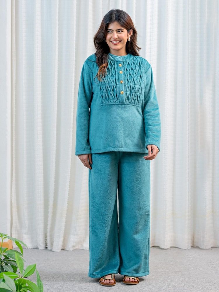 FEATHERS CLOSET Super Soft Sea Green Pintuck Short Kurti Woollen With Pyjama-picture-17