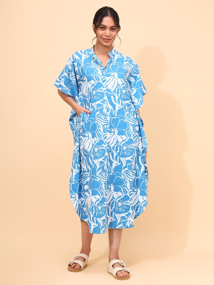 YELLOW BLOOM Blue And White Abstract Printed Kaftan Azure Drift-image-6
