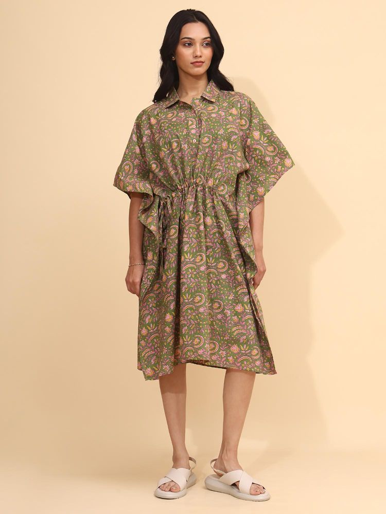 YELLOW BLOOM Kaftan With Shirt Collar And Pockets Verdant Bloom-image-8