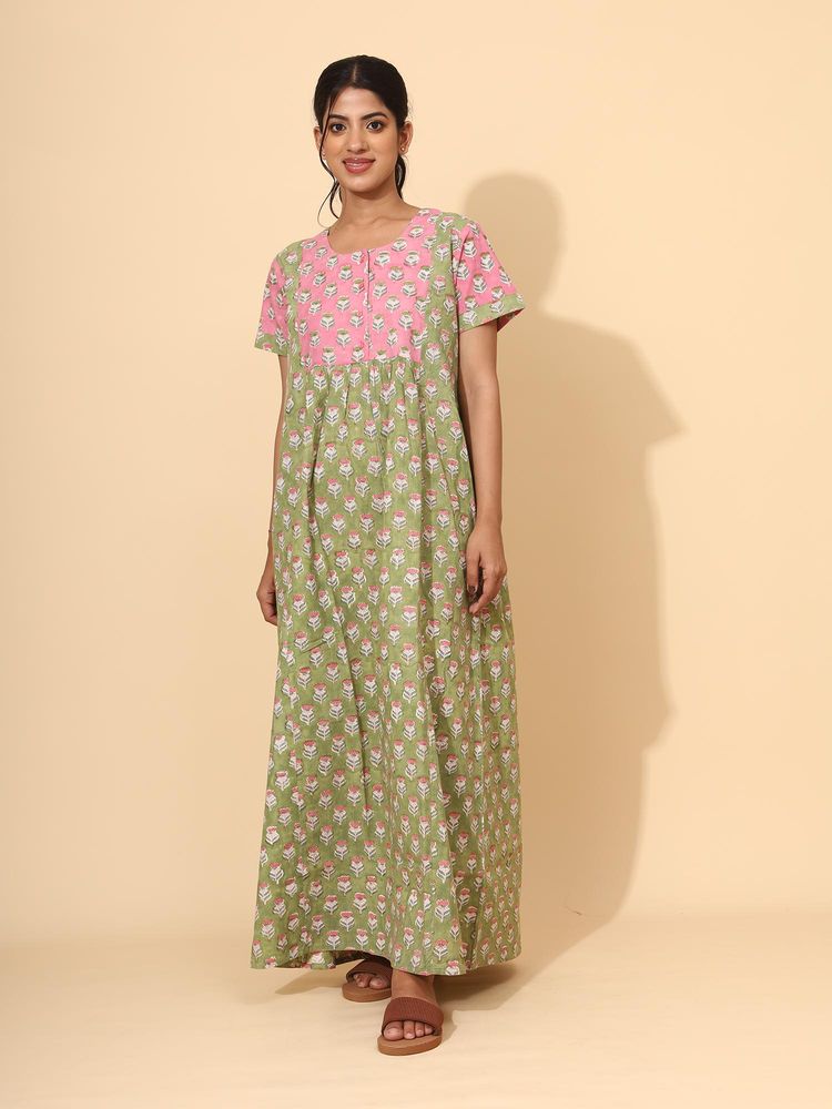YELLOW BLOOM Mist Green Pastel Petal Handblock Print Dress-picture-14