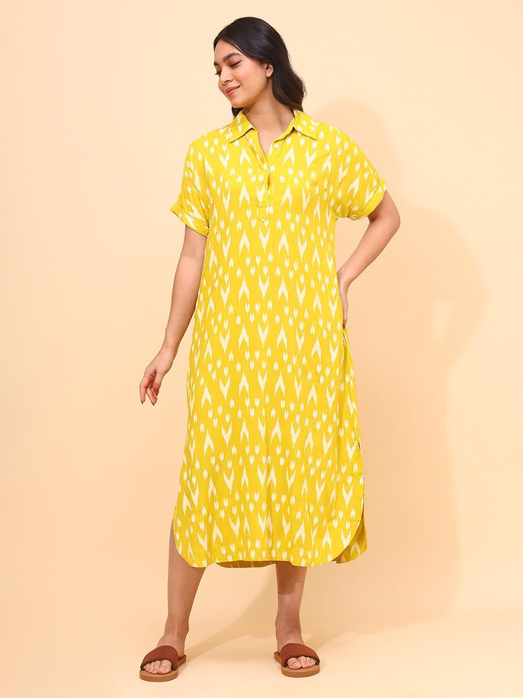 YELLOW BLOOM Marigold Yellow Ikat Printed Long Dress With Shirt Collar-image-20