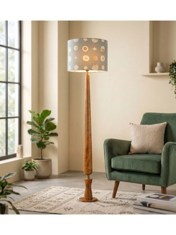 Freedom Tree Balance Sculptural Minimal Natural Wooden Floor Lamp with Printed Gold Shade-image-5