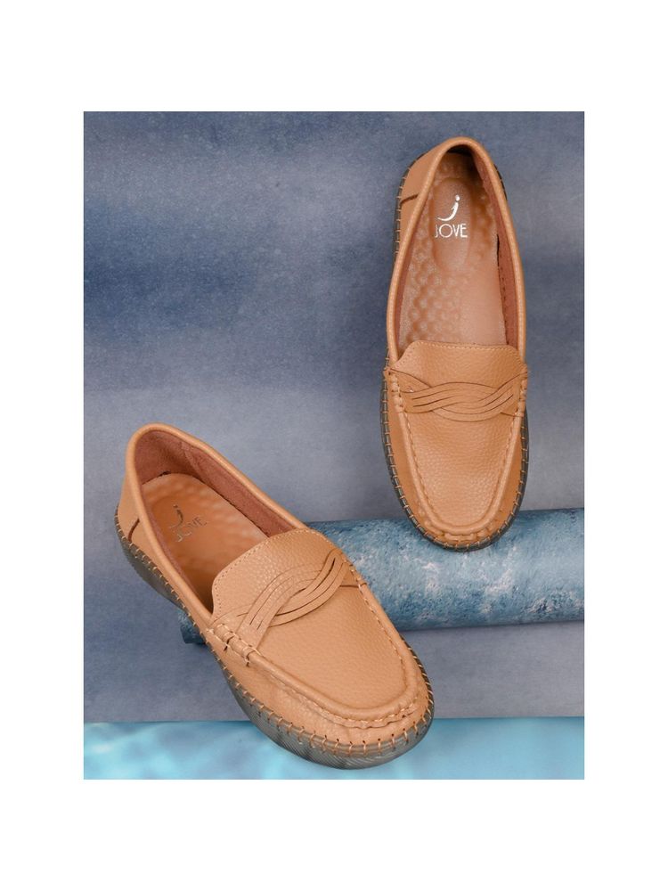 Jove Women Camel Textured Loafers Brown-image-4