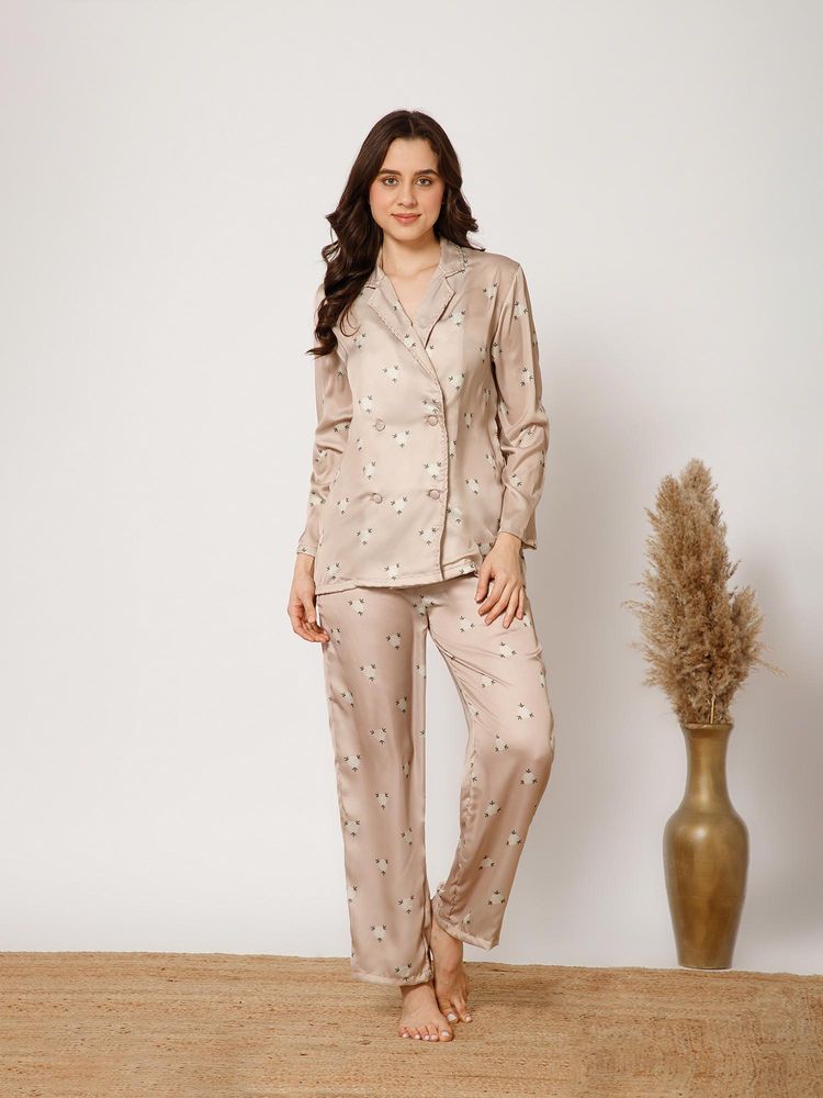 Drape In Vogue Beige Floral Printed Shirt and Pyjama-image-46