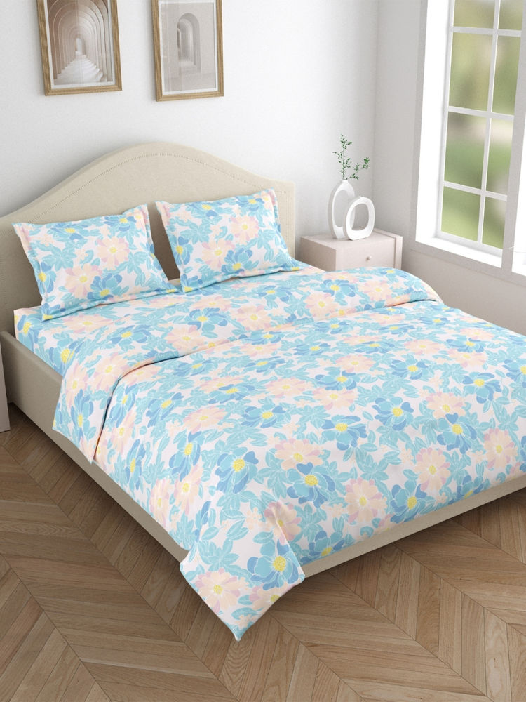 Haus & Kinder Blue Petal Veil Cotton Flat 144 TC Bedsheet with 2 Pillow Covers-picture-49