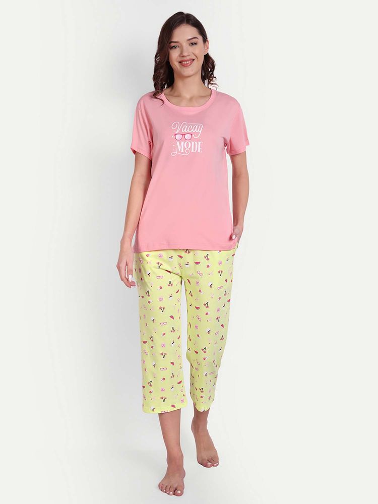 Bedtime Story Pink & Yellow Half Sleeves T-Shirt with Capri-image-1