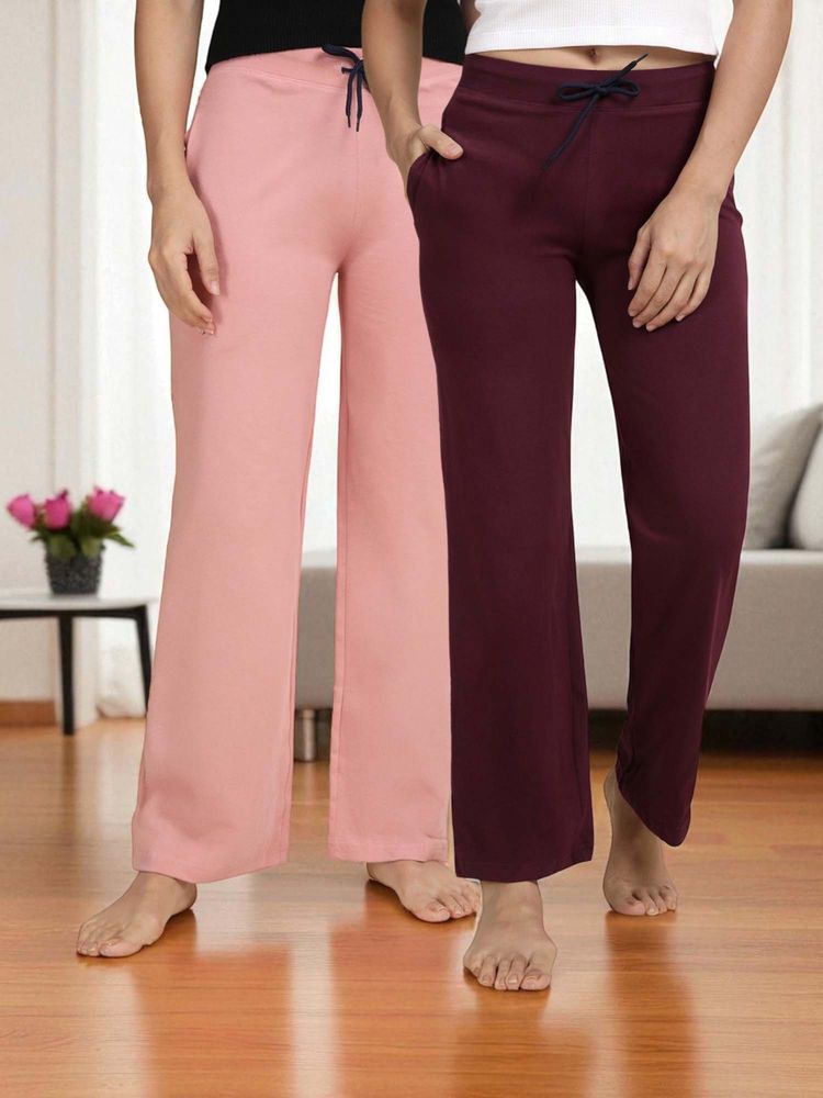 Kryptic Wine & Pink Cotton Solid Mid-Rise Pyjamas (Pack of 2)-picture-22