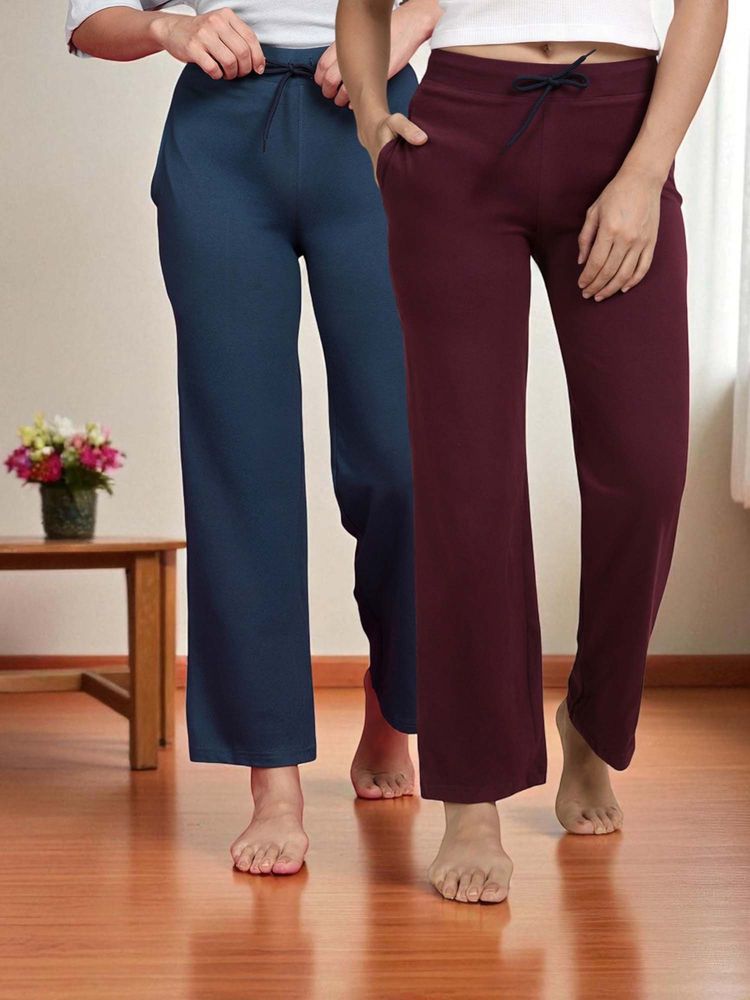 Kryptic Teal & Wine Cotton Solid Mid-Rise Pyjamas (Pack of 2)-picture-12