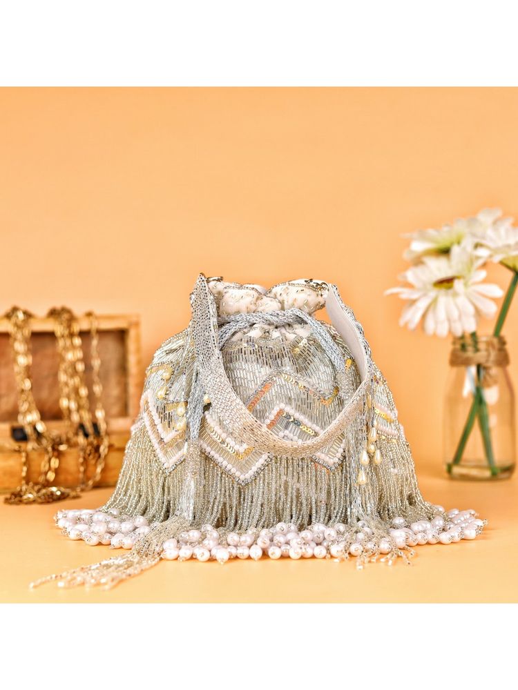 sugarcrush Embellished Silver Potli Bag with Tassels-image-4