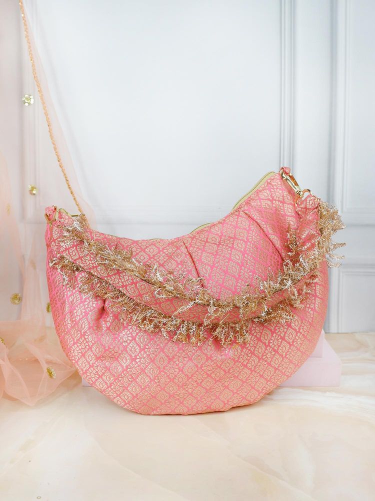 Soho Boho Studio Crescent Moon Ethnic Banarasi Handbag - Pink-picture-23