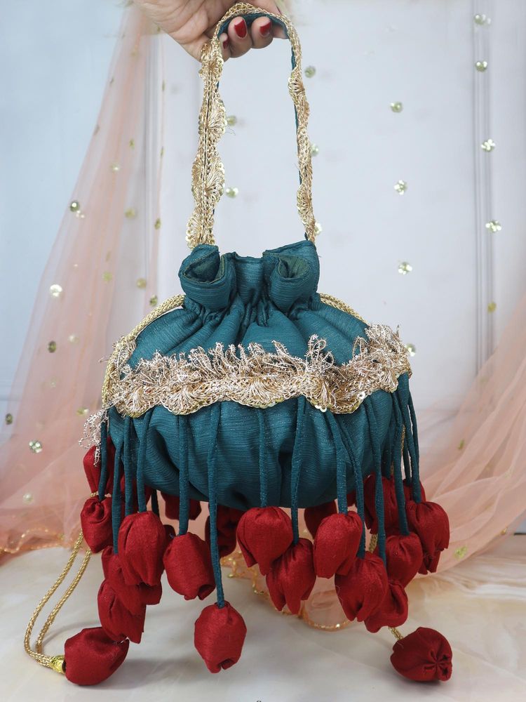 Soho Boho Studio Royal Emerald Tulip Potli Bag - Green-image-2
