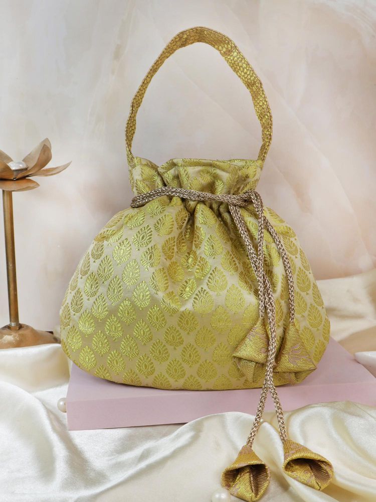 Soho Boho Studio Vintage Classic Gold Banarasi Potli Bag-image-4