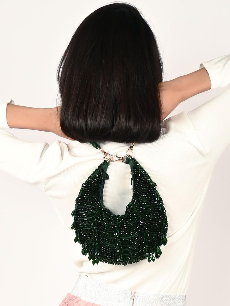 Odette Dark Green Suede Embellished Clutch With Detachable Strap-image-10