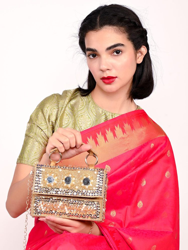 Odette Beige Suede Embellished Clutch With Detachable Strap-picture-11