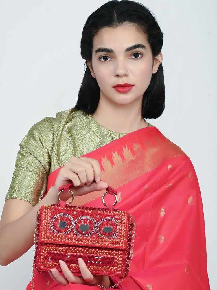 Odette Red Suede Embellished Clutch With Detachable Strap-image-5