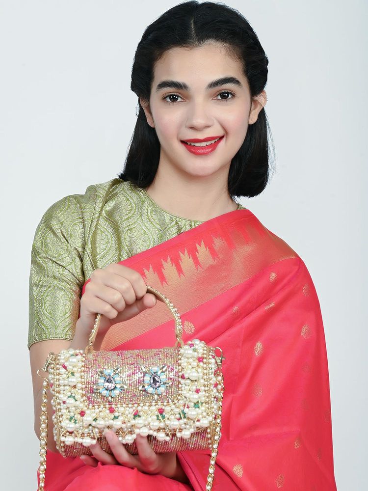 Odette Beige Suede Embellished Clutch With Detachable Strap-picture-19