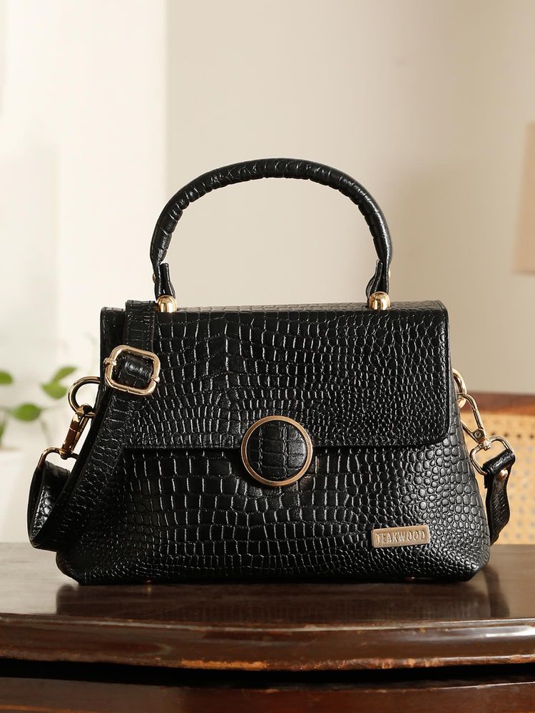 Teakwood Black Leather Women Hand Bag With Detachable Strap-picture-11