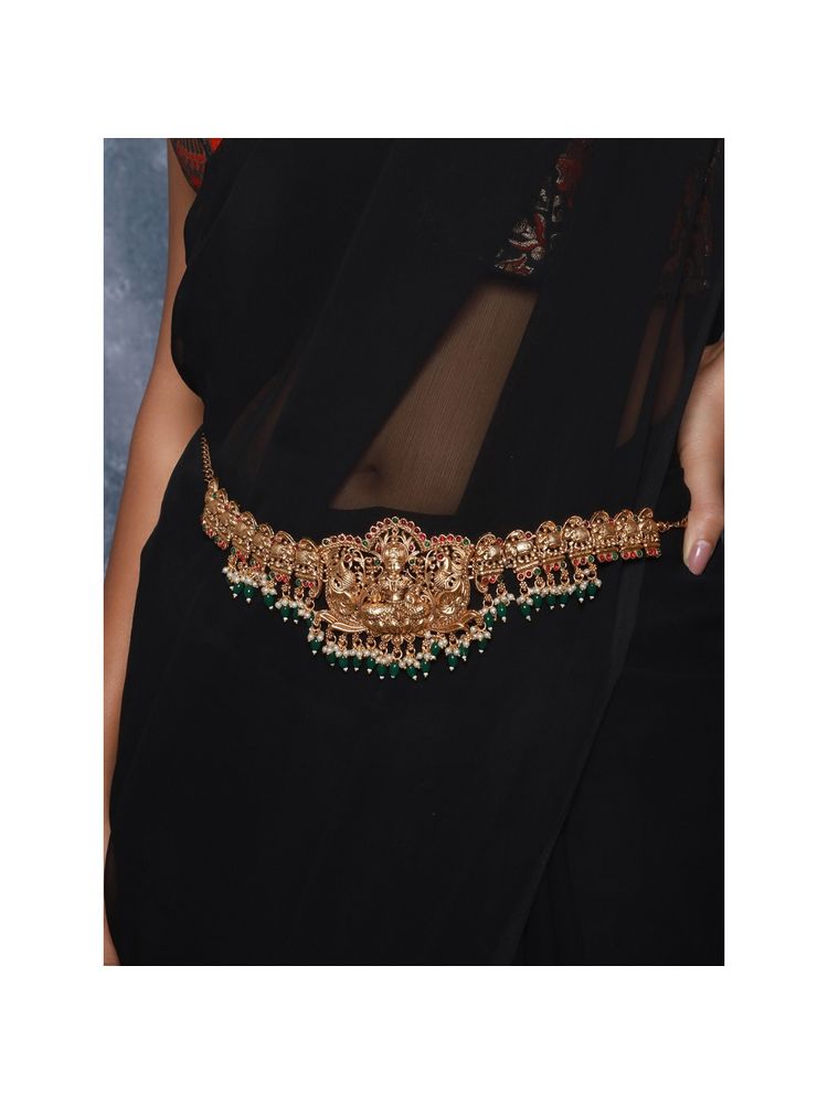 Saraf RS Jewellery Matte Gold Plated Green Pearls Beaded Shri Lakshmi Motif Bridal Kamarbandh-image-26