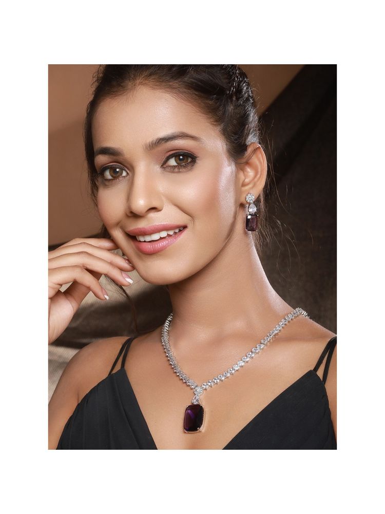 Saraf RS Jewellery Silver Plated Amethyst Purple AD Long Single Line Statement Pendant Jewellery Set-picture-26