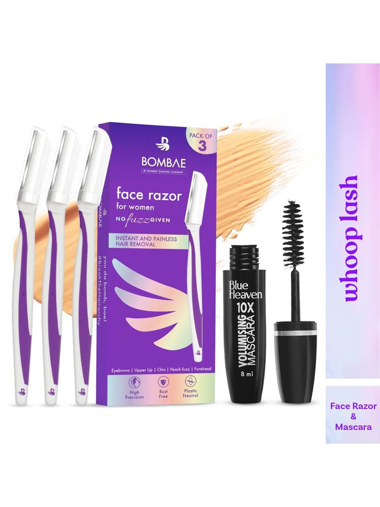 Bombae Reusable & Painless Face & Eyebrow Razor + Blue Heaven 10x Volumising Mascara Combo