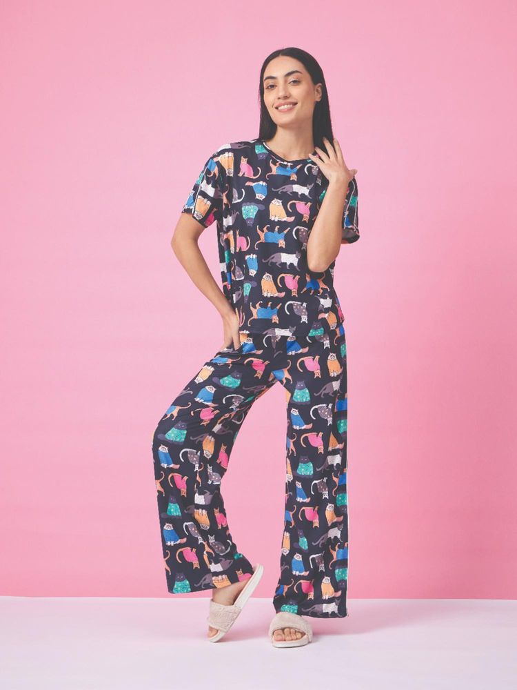 Sweet Dreams Women Navy Blue Animal Printed Top with Pyjama-picture-22