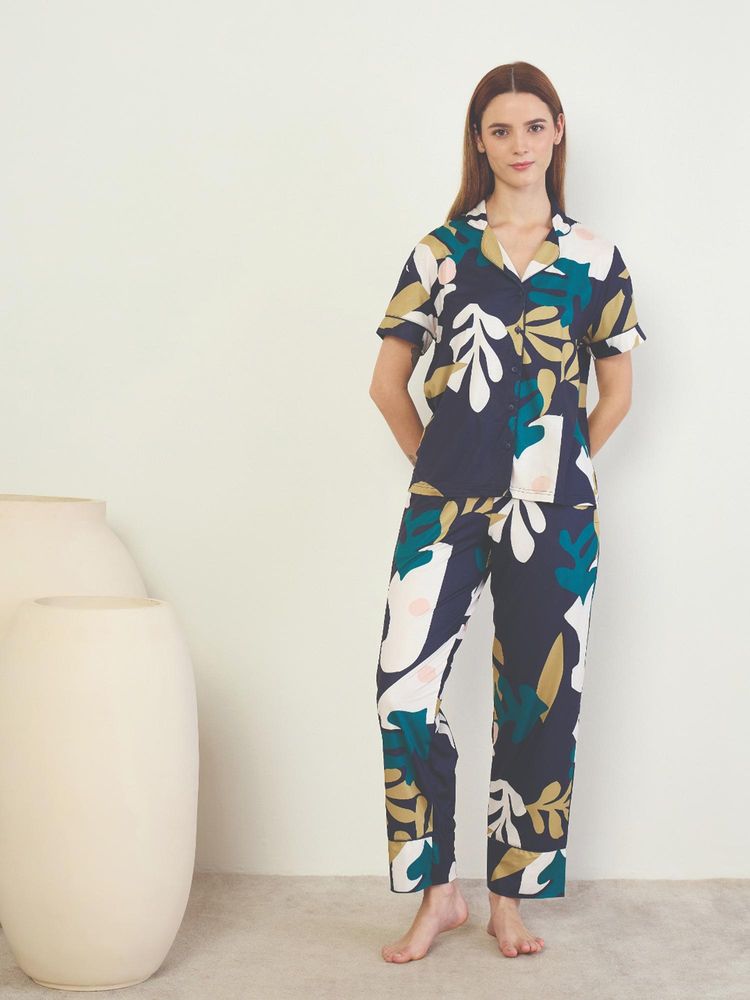 Sweet Dreams Women Navy Blue Abstract Printed Front Open Top with Pyjama-picture-10