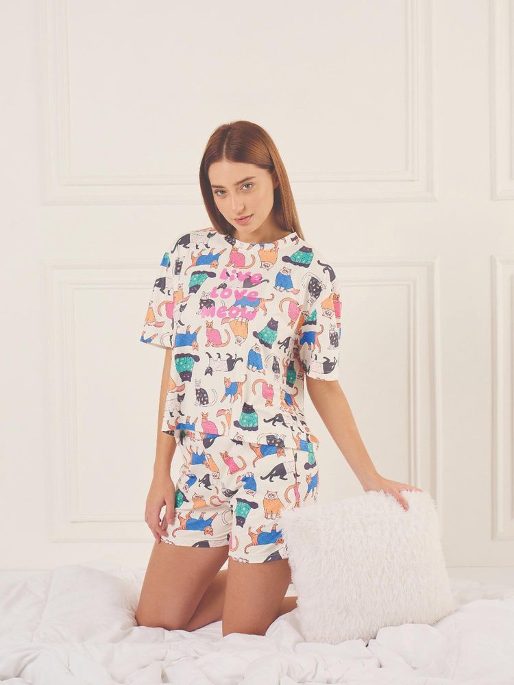 Sweet Dreams Women Beige Cartoon Printed Top with Shorts-image-10
