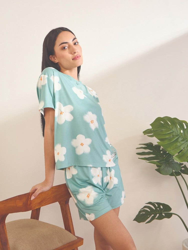 Sweet Dreams Women Green Floral Printed Top with Shorts-picture-34