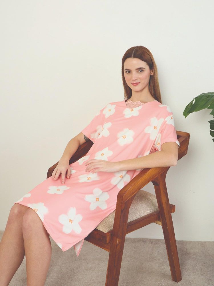 Sweet Dreams Women Peach Floral Printed Short Night Dress-picture-36