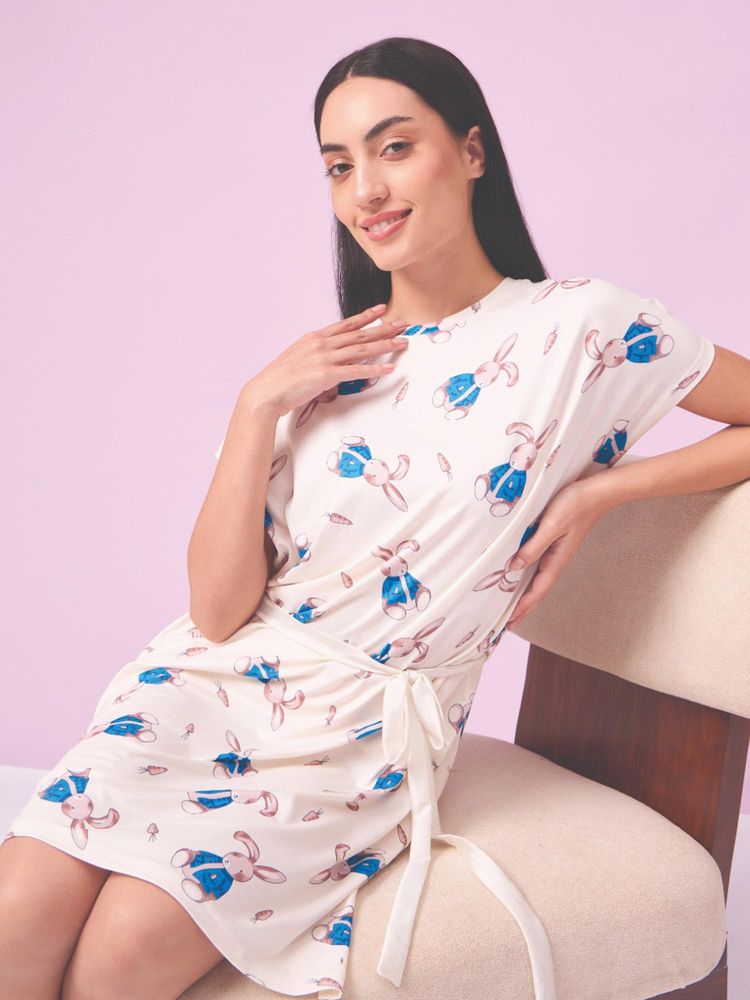 Sweet Dreams Women Cream Animal Printed Short Night Dress set-picture-41