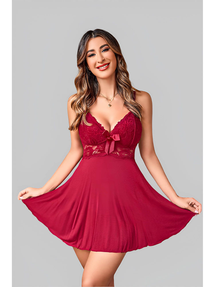 BROIDEN Women Maroon Self Design Shoulder Straps Baby Doll-picture-25