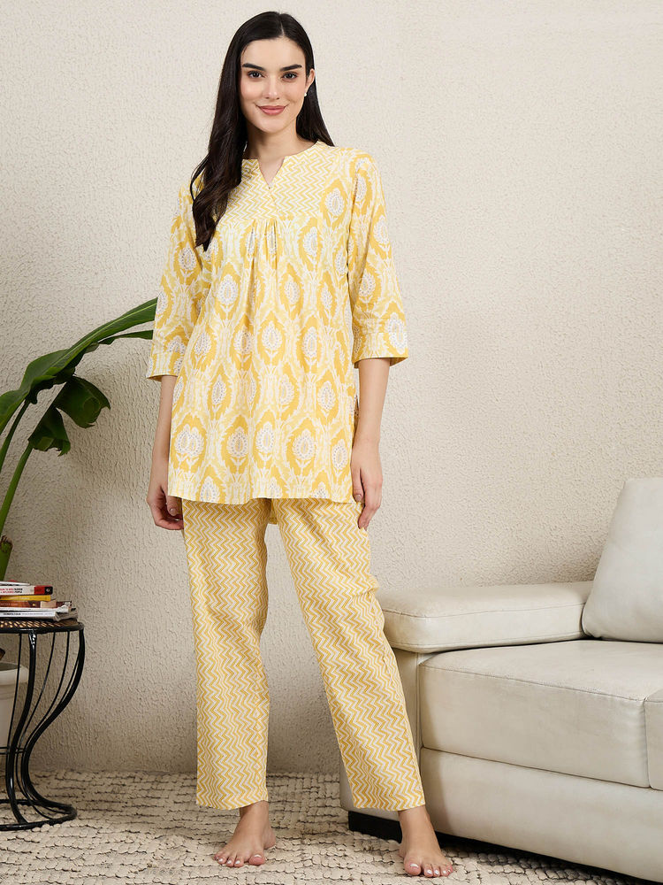 July Nightwear Cotton Yellow Printed Kurti with Pajama-image-4