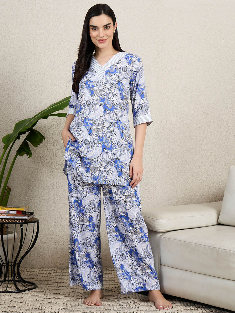 July Nightwear Rayon Blue Paisley Printed Kurti with Pajama-image-5