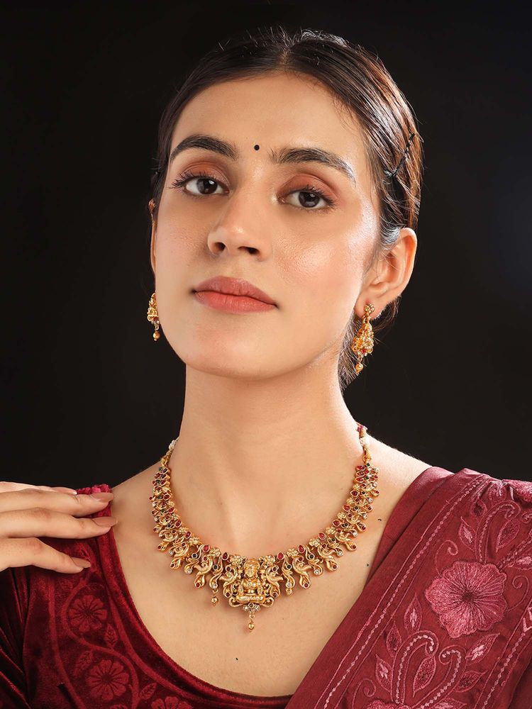 STILEADDA Gold Plated Multicolour Stone Studded Temple Jewellery Set-picture-10