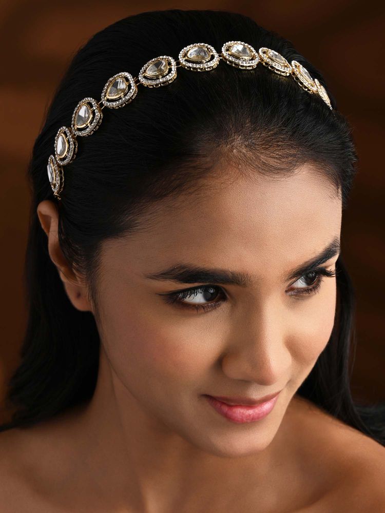 I Jewels Gold Plated White Kundan Studded And Beaded Sheesh Patti-image-35