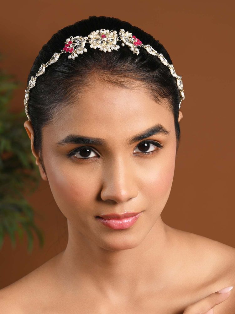 I Jewels Gold Plated Pink Stones Studded Sheesh Patti-image-34