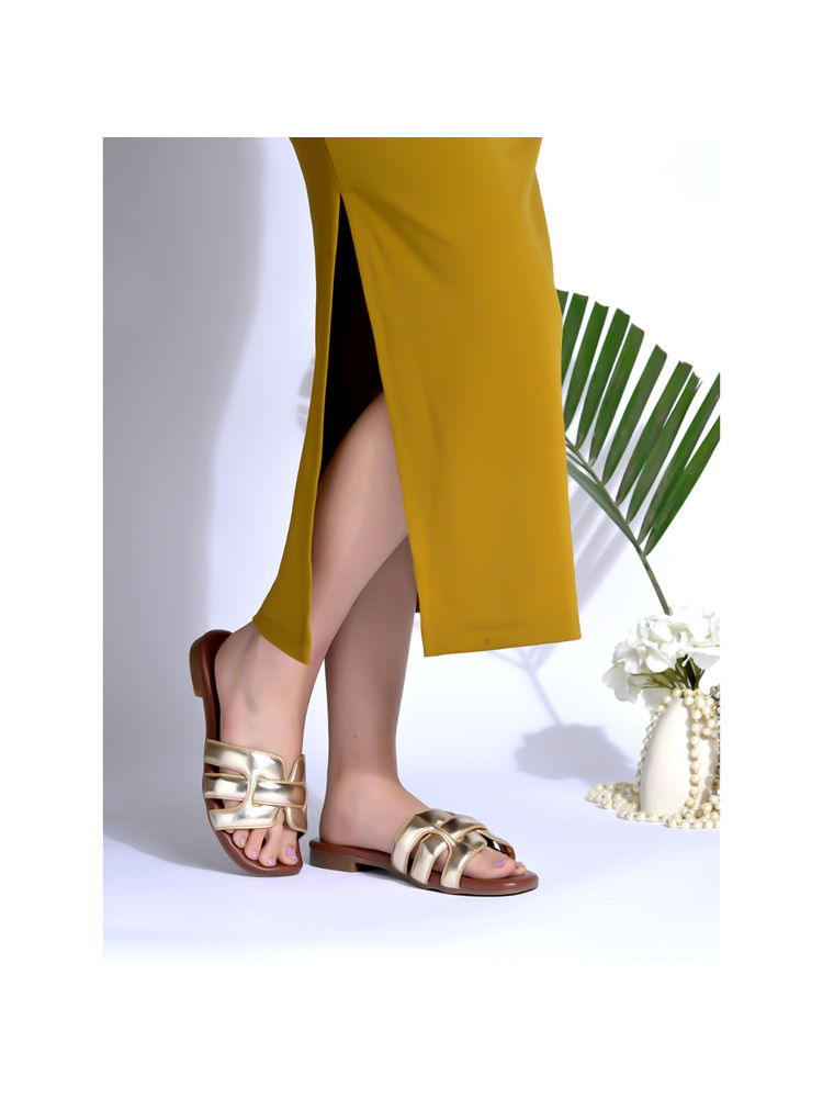 Shoetopia Shiny Square Toe Embellished Golden Flats for Women-image-12