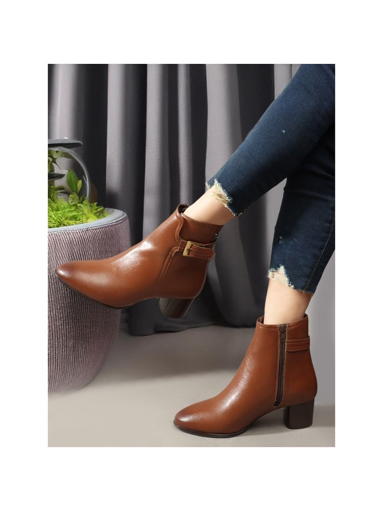 Carlton London Tan Solid Mid Top Women Buckle Boots-image-3